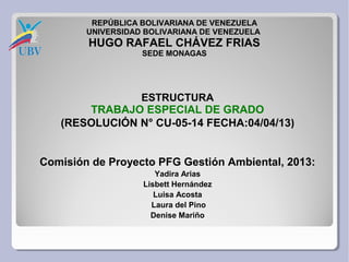 REPÚBLICA BOLIVARIANA DE VENEZUELA
        UNIVERSIDAD BOLIVARIANA DE VENEZUELA
        HUGO RAFAEL CHÁVEZ FRIAS
                   SEDE MONAGAS




               ESTRUCTURA
       TRABAJO ESPECIAL DE GRADO
   (RESOLUCIÓN N° CU-05-14 FECHA:04/04/13)


Comisión de Proyecto PFG Gestión Ambiental, 2013:
                      Yadira Arias
                   Lisbett Hernández
                      Luisa Acosta
                     Laura del Pino
                     Denise Mariño
 