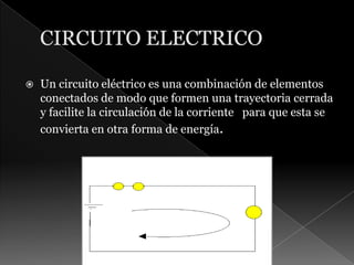 CIRCUITO ELECTRICOUn circuito eléctrico es una combinación de elementos conectados de modo que formen una trayectoria cerrada y facilite la circulación de la corriente   para que esta se convierta en otra forma de energía.