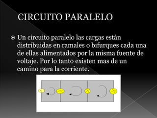 CIRCUITO PARALELOUn circuito paralelo las cargas están distribuidas en ramales o bifurques cada una de ellas alimentados por la misma fuente de voltaje. Por lo tanto existen mas de un camino para la corriente.