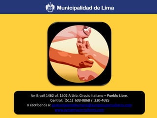 Av. Brasil 1462 of. 1502 A Urb. Circulo Italiano – Pueblo Libre.
Central: (511) 608-0868 / 330-4685
o escribenos a: gestiontalentohumano@ayniperuconsultores.com
www.ayniperuconsultores.com
 