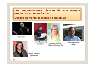 Los emprendedores piensan de una manera
Los emprendedores piensan de una manera
productiva no reproductiva.
Utilizan su mente la mente no les utiliza
Utilizan su mente, la mente no les utiliza
Steve Jobs
Pedro Espinosa
Llaollao
Mark Zuckerberg
Facebook Catalina Hoffman
Vitalia Centros de Día
Marisa Pedrejón
Womenalia
11
 