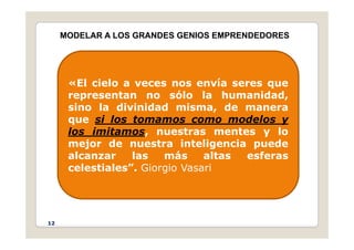MODELAR A LOS GRANDES GENIOS EMPRENDEDORES
«El cielo a veces nos envía seres que
representan no sólo la humanidad
representan no sólo la humanidad,
sino la divinidad misma, de manera
que si los tomamos como modelos y
los imitamos, nuestras mentes y lo
mejor de nuestra inteligencia puede
l l á lt f
alcanzar las más altas esferas
celestiales”. Giorgio Vasari
12
 