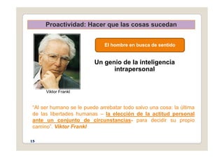 Proactividad: Hacer que las cosas sucedan
Proactividad: Hacer que las cosas sucedan
Un genio de la inteligencia
El hombre en busca de sentido
Un genio de la inteligencia
intrapersonal
Viktor Frankl
“Al ser humano se le puede arrebatar todo salvo una cosa: la última
de las libertades humanas – la elección de la actitud personal
de las libertades humanas la elección de la actitud personal
ante un conjunto de circunstancias- para decidir su propio
camino”. Viktor Frankl
15
 