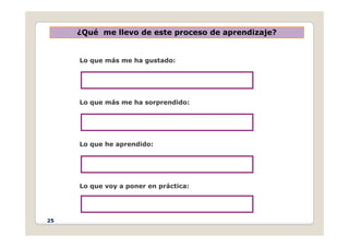 ¿Qué me llevo de este proceso de aprendizaje?
Lo que más me ha gustado:
Lo que más me ha sorprendido:
Lo que he aprendido:
Lo que voy a poner en práctica:
25
 