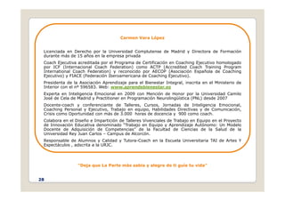 Carmen Vara López
Licenciada en Derecho por la Universidad Complutense de Madrid y Directora de Formación
d t á d 15 ñ l i d
durante más de 15 años en la empresa privada
Coach Ejecutiva acreditada por el Programa de Certificación en Coaching Ejecutivo homologado
por ICF (Internacional Coach Federation) como ACTP (Accredited Coach Training Program
International Coach Federation) y reconocido por AECOP (Asociación Española de Coaching
Ejecutivo) y FIACE (Federación Iberoamericana de Coaching Ejecutivo).
j ) y ( g j )
Presidenta de la Asociación Aprendizaje para el Bienestar Integral, inscrita en el Ministerio de
Interior con el nº 596583. Web: www.aprendebienestar.es
Experta en Inteligencia Emocional en 2009 con Mención de Honor por la Universidad Camilo
José de Cela de Madrid y Practitioner en Programación Neurolingüística (PNL) desde 2007
Docente-coach y conferenciante de Talleres, Cursos, Jornadas de Inteligencia Emocional,
Coaching Personal y Ejecutivo, Trabajo en equipo, Habilidades Directivas y de Comunicación,
Crisis como Oportunidad con más de 3.000 horas de docencia y 900 como coach.
Colabora en el Diseño e Impartición de Talleres Vivenciales de Trabajo en Equipo en el Proyecto
ó ó
de Innovación Educativa denominado “Trabajo en Equipo y Aprendizaje Autónomo: Un Modelo
Docente de Adquisición de Competencias” de la Facultad de Ciencias de la Salud de la
Universidad Rey Juan Carlos – Campus de Alcorcón.
Responsable de Alumnos y Calidad y Tutora-Coach en la Escuela Universitaria TAI de Artes Y
Espectáculos , adscrita a la URJC.
Espectáculos , adscrita a la URJC.
"Deja que La Parte más sabia y alegre de ti guíe tu vida"
28
 