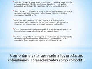 * Algodón: Se exportan productos textiles y cosméticos a otros países,
en materia prima. De ahí que los demás países, realizan los
productos con la materia importada para su comercialización.
* Oro: Se exporta la materia prima a los otros países para que estos
realicen su proceso de comercialización en joyería y diversas
maneras de su utilización.
* Petróleo: Se exporta el petróleo en materia prima para su
transformación en otros países, de esta manera, los ingresos a
Colombia genera grandes precios de su comercialización.
* Café: Se exportan los granos de café al extranjero para que allí se
lleve al consumo de este luego de su procesamiento.
* Carbón: Se exporta el Carbón para la realización de procesamiento
de este luego de ser sacado de las minas Colombianas. De esta
manera se generan grandes ingresos económicos al país.
 