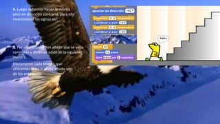 4. Luego debemos hacer lo mismo
pero en dirección contraria, para ello
invertiremos los signos así:
5. Por ultimo podemos añadir que se valla
caminado y diciendo adiós de la siguiente
manera:
Obviamente cada bloque que
utilicemos debe ir unido a cada uno
de los anteriores.
 