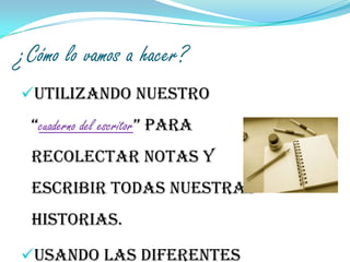 Imaginación y creatividad para contar nuestras propias historias.¿Cuándo lo vamos a hacer? Vamos a trabajar el taller todos los días durante los 20 primeros minutos de clase. Para poder escribir, disfrutar y compartir nuestras propias historias.¿Para qué vamos a hacer?