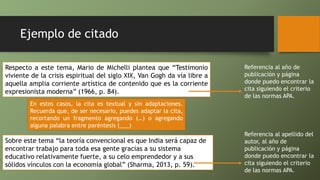 Ejemplo de citado
Respecto a este tema, Mario de Michelli plantea que “Testimonio
viviente de la crisis espiritual del siglo XIX, Van Gogh da vía libre a
aquella amplia corriente artística de contenido que es la corriente
expresionista moderna” (1966, p. 84).
Referencia al año de
publicación y página
donde puedo encontrar la
cita siguiendo el criterio
de las normas APA.
Sobre este tema “la teoría convencional es que India será capaz de
encontrar trabajo para toda esa gente gracias a su sistema
educativo relativamente fuerte, a su celo emprendedor y a sus
sólidos vínculos con la economía global” (Sharma, 2013, p. 59).
Referencia al apellido del
autor, al año de
publicación y página
donde puedo encontrar la
cita siguiendo el criterio
de las normas APA.
En estos casos, la cita es textual y sin adaptaciones.
Recuerda que, de ser necesario, puedes adaptar la cita,
recortando un fragmento agregando (…) o agregando
alguna palabra entre paréntesis (___)
 