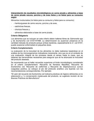Interpretación de resultados microbiológicos en carne picada y alimentos a base
de carne picada vacuna, porcina y de aves listos y no listos para su consumo
según
Alimentos involucrados (no listos para su consumo y listos para su consumo):
· - hamburguesas de carne vacuna, porcina y de aves,
· - salchichas frescas,
· - chorizos frescos y
· - alimentos elaborados a base de carne picada.
Criterio Obligatorio
Los alimentos que se incluyen en este criterio deben hallarse libres de Salmonella spp
y de Escherichia coli O157:H7/NM. La determinación es ausencia/ presencia en la
cantidad indicada de producto porque ambas bacterias, especialmente la E. coli O157,
puede ocasionar enfermedad en pequeñas dosis.
Criterio Complementario
La evaluación de la inocuidad de los alimentos no debe realizarse basándose en el
análisis de los microorganismos indicadores meramente, sino que es en el contexto de
una evaluación integral de los procesos desde el campo hasta la mesa, que se
obtienen las herramientas necesarias para asegurar que se ha alcanzado la inocuidad
del producto deseada.
Se recomienda que al hallar recuentos superiores al límite microbiológico considerado
en el criterio complementario -Recuento de Aerobios Mesófilos, Recuento de
Escherichia coli, Recuento de coliformes y Recuento de Staphylococcus aureus
coagulasa positiva, se coloque al pie del protocolo analítico una leyenda con las
recomendaciones correspondientes. Por ejemplo:
"El valor del recuento de Escherichia coli indicaría prácticas de higiene deficientes en la
elaboración y / o conservación inadecuada del producto, se sugiérela revisión de las
Buenas Prácticas de Manufactura".
16
 