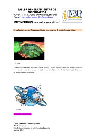 TALLER DEHERRAMIENTAS DE
INFORMATICA
TUTOR: ING. CARLOS CAMACHO QUINTERO
E-MAIL: camachocarlos1981@gmail.com
BIENVENID@S…a nuestra aula virtual
Carlos Alexander Camacho Quintero
ING. De Sistemas
ESP. En Administración de la Informática Educativa
Mocoa - 2012
6. Explique en dos párrafos que significado tiene cada una de las siguientes gráficas.
Para mí en esta grafica representa que el hombre con sus propias manos ha creado diferentes
herramientas electrónicas, que a la vez le sirven en el desarrollo de los diferentes trabajos que
se le presentan diariamente.
Respuesta argumentada.
Grafica 1
Grafica 2
 