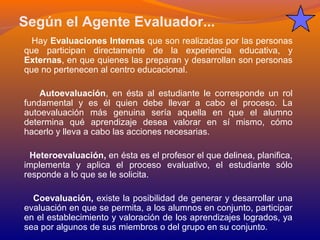 Según el Agente Evaluador... 
Hay Evaluaciones Internas que son realizadas por las personas 
que participan directamente de la experiencia educativa, y 
Externas, en que quienes las preparan y desarrollan son personas 
que no pertenecen al centro educacional. 
Autoevaluación, en ésta al estudiante le corresponde un rol 
fundamental y es él quien debe llevar a cabo el proceso. La 
autoevaluación más genuina sería aquella en que el alumno 
determina qué aprendizaje desea valorar en sí mismo, cómo 
hacerlo y lleva a cabo las acciones necesarias. 
Heteroevaluación, en ésta es el profesor el que delinea, planifica, 
implementa y aplica el proceso evaluativo, el estudiante sólo 
responde a lo que se le solicita. 
Coevaluación, existe la posibilidad de generar y desarrollar una 
evaluación en que se permita, a los alumnos en conjunto, participar 
en el establecimiento y valoración de los aprendizajes logrados, ya 
sea por algunos de sus miembros o del grupo en su conjunto. 
 
