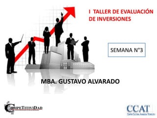 I TALLER DE EVALUACIÓN
            DE INVERSIONES




                   SEMANA N°3




MBA. GUSTAVO ALVARADO
 