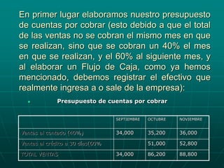En primer lugar elaboramos nuestro presupuesto
de cuentas por cobrar (esto debido a que el total
de las ventas no se cobran el mismo mes en que
se realizan, sino que se cobran un 40% el mes
en que se realizan, y el 60% al siguiente mes, y
al elaborar un Flujo de Caja, como ya hemos
mencionado, debemos registrar el efectivo que
realmente ingresa a o sale de la empresa):
 Presupuesto de cuentas por cobrar
SEPTIEMBRE OCTUBRE NOVIEMBRE
Ventas al contado (40%) 34,000 35,200 36,000
Ventas al crédito a 30 días(60% 51,000 52,800
TOTAL VENTAS 34,000 86,200 88,800
 