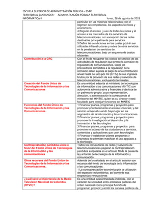 ESCUELA SUPERIOR DE ADMINISTRACIÓN PÚBLICA – ESAP
TERRITORIAL SANTANDER - ADMINISTRACIÓN PÚBLICA TERRITORIAL
INFORMATICA II lunes, 26 de agosto de 2019
particular en las materias relacionadas con el
régimen de competencia, los aspectos técnicos y
económicos
4 Regular el acceso y uso de todas las redes y el
acceso a los mercados de los servicios de
telecomunicaciones, con excepción de las redes
destinadas principalmente para servicios
5 Definir las condiciones en las cuales podrán ser
utilizadas infraestructuras y redes de otros servicios
en la prestación de servicios de
telecomunicaciones, bajo un esquema de costos
eficientes
Contribución a la CRC Con el fin de recuperar los costos de servicio de las
actividades de regulación que preste la comision de
regulación de comunicaciones, todos los
proveedores sometidos a la regulación de la
comisión están sujetos al pago de una contribución
anual hasta del uno por mil (0.1%) de sus ingresos
brutos por la provisión de sus redes y servicios de
telecomunicaciones, excluyendo terminales
Creación del Fondo Único de
Tecnologías de la información y las
Comunicaciones
Es una entidad adscrita al ministerio de tecnologías
de información y las comunicaciones MINTIC con
autonomía administrativa y financiera y disfruta de
un patrimonio propio, cuya representación,
dirección, y administración le corresponde al
ministerio del MINTIC, quien es su director y está
facultado para delegar funciones del MINTIC
Funciones del Fondo Único de
Tecnologías de la Información y las
Comunicaciones
1 Financiar planes, programas y proyectos para
promover prioritariamente el acceso universal, y del
servicio universal cuando haya lugar en los
segmentos de la información y las comunicaciones
2 Financiar planes, programas y proyectos para
promover la investigación el desarrollo y la
innovación a las tecnologías
3 Financiar planes, programas y proyectos para
promover el acceso de los ciudadanos a servicios,
contenidos y aplicaciones que usen tecnologías
4 Financiar y establecer planes programas y
proyectos de permitan masificar el uso aprpiado a
la tecnología
Contraprestación periódica única a
favor del Fondo Único de Tecnologías
de la Información y las
comunicaciones
Todos los proveedores de redes y servicios de
telecomunicaciones pagaran la contraprestación
periódica estipulada en el artículo 10 de la presente
ley al fondo de tecnología de la información y
comunicación
Otros recursos del Fondo Único de
Tecnologías de la Información y las
Comunicaciones.
Además de lo señalado en el artículo anterior son
recursos del fondo de tecnología de la información
y las comunicaciones:
1 La contraprestación económica por la utilización
del espectro radioeléctrico, así como de sus
respectivas renovaciones
¿Cuál será la importancia de la Radio
Televisión Nacional de Colombia
(RTVC)?
Es una entidad descentralizada indirecta, con el
carácter de sociedad entre entidades públicas del
orden nacional con la principal función de
programar, producir y emitir los canales públicos de
 