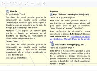Guarda
Teclas de Atajo: Ctrl‐S
Este ítem del menú permite guardar la
construcción en marcha como archivo
GeoGebra (de extensión .ggb) en la carpeta o
directorio que se seleccione en la caja de
diálogo que se despliega a tal efecto.
Atención: Si se eligiera un nombre para
guardar el boceto ya existente en el
directorio de destino, se reemplazará el
‘viejo’ archivo con esta maniobra.
Guarda Como…
Este ítem del menú permite guardar la
construcción en marcha como archivo
GeoGebra, para la que no se hubiera
seleccionado aún un nombre, anotándolo en
la caja de texto que
se despliega a tal efecto.
Exportar…
Hoja Dinámica como Página Web (html)…
Teclas de Atajo: Ctrl‐Shift‐W
Este ítem del menú permite exportar la
construcción en marcha como página web
para poder crear lo que se denomina
“Hoja Dinámica”, “Applet”, “Mathlet”,…
Para profundizar la información, puede
consultarse la sección 1.4.3 Creando Páginas
Web Interactivas en: Documento de ayuda
de GeoGebra. Manual Oficial de la Versión
3.2
Vista Gráfica a Imagen (png, eps)…
Teclas de Atajo: Ctrl‐Shift‐P
Este ítem del menú permite guardar la Vista
Gráfica de GeoGebra como archivo gráfico.
En la ventana de diálogo emergente, se
puede seleccionar el Formato del archivo y
cambiar la Escala (en cm) y la Resolución (en
dpi) de la imagen.
 