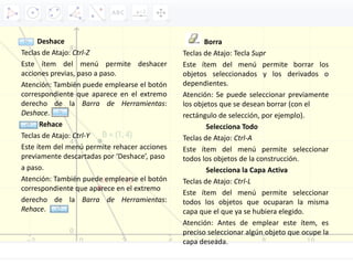 Deshace
Teclas de Atajo: Ctrl‐Z
Este ítem del menú permite deshacer
acciones previas, paso a paso.
Atención: También puede emplearse el botón
correspondiente que aparece en el extremo
derecho de la Barra de Herramientas:
Deshace.
Rehace
Teclas de Atajo: Ctrl‐Y
Este ítem del menú permite rehacer acciones
previamente descartadas por ‘Deshace’, paso
a paso.
Atención: También puede emplearse el botón
correspondiente que aparece en el extremo
derecho de la Barra de Herramientas:
Rehace.
Borra
Teclas de Atajo: Tecla Supr
Este ítem del menú permite borrar los
objetos seleccionados y los derivados o
dependientes.
Atención: Se puede seleccionar previamente
los objetos que se desean borrar (con el
rectángulo de selección, por ejemplo).
Selecciona Todo
Teclas de Atajo: Ctrl‐A
Este ítem del menú permite seleccionar
todos los objetos de la construcción.
Selecciona la Capa Activa
Teclas de Atajo: Ctrl‐L
Este ítem del menú permite seleccionar
todos los objetos que ocuparan la misma
capa que el que ya se hubiera elegido.
Atención: Antes de emplear este ítem, es
preciso seleccionar algún objeto que ocupe la
capa deseada.
 