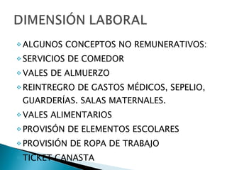 ALGUNOS CONCEPTOS NO REMUNERATIVOS: SERVICIOS DE COMEDOR VALES DE ALMUERZO REINTREGRO DE GASTOS MÉDICOS, SEPELIO, GUARDERÍAS. SALAS MATERNALES. VALES ALIMENTARIOS  PROVISÓN DE ELEMENTOS ESCOLARES PROVISIÓN DE ROPA DE TRABAJO TICKET CANASTA  