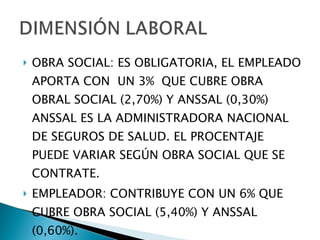 OBRA SOCIAL: ES OBLIGATORIA, EL EMPLEADO APORTA CON  UN 3%  QUE CUBRE OBRA OBRAL SOCIAL (2,70%) Y ANSSAL (0,30%)  ANSSAL ES LA ADMINISTRADORA NACIONAL DE SEGUROS DE SALUD. EL PROCENTAJE PUEDE VARIAR SEGÚN OBRA SOCIAL QUE SE CONTRATE. EMPLEADOR: CONTRIBUYE CON UN 6% QUE CUBRE OBRA SOCIAL (5,40%) Y ANSSAL (0,60%). 