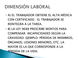 A) EL TRABAJADOR OBTIENE EL ALTA MÉDICA CON CERTIFICADO : EL TRABAJADOR SE REINTEGRA A LA TAREA. B) LA LEY 9688 PRESCRIBE MONTOS PARA COMPENSAR  INCAPACIDADES SEGÚN LA GRAVEDAD. EJEMPLO: PÉRDIDA DE MIEMBROS, ÓRGANOS, LESIONES MENORES, ETC. LA MAYOR ES LA QUE CORRESPONDE A LA PÉRDIDA DE LA VIDA. 