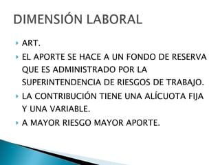 ART. EL APORTE SE HACE A UN FONDO DE RESERVA QUE ES ADMINISTRADO POR LA SUPERINTENDENCIA DE RIESGOS DE TRABAJO. LA CONTRIBUCIÓN TIENE UNA ALÍCUOTA FIJA Y UNA VARIABLE.  A MAYOR RIESGO MAYOR APORTE. 