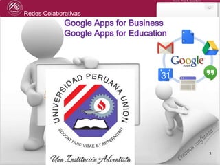 Redes Colaborativas
Docente: Fredy R. Apaza Ramos
11
Google Apps for Business
Google Apps for Education
 