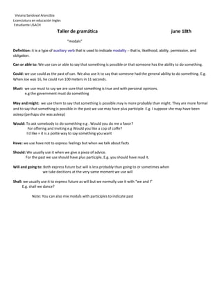 Viviana Sandoval Arancibia
Licenciatura en educación Ingles
 Estudiante USACH
                             Taller de gramática                                                           june 18th
                                    “modals”

Definition: it is a type of auxiliary verb that is used to indicate modality – that is, likelihood, ability, permission, and
obligation.

Can or able to: We use can or able to say that something is possible or that someone has the ability to do something.

Could: we use could as the past of can. We also use it to say that someone had the general ability to do something. E.g.
When Joe was 16, he could run 100 meters in 11 seconds.

Must: we use must to say we are sure that something is true and with personal opinions.
      e.g the government must do something

May and might: we use them to say that something is possible.may is more probably than might. They are more formal
and to say that something is possible in the past we use may have plus participle. E.g. I suppose she may have been
asleep (perhaps she was asleep)

Would: To ask somebody to do something e.g . Would you do me a favor?
        For offering and inviting e.g Would you like a cop of coffe?
       I’d like = it is a polite way to say something you want

Have: we use have not to express feelings but when we talk about facts

Should: We usually use it when we give a piece of advice.
       For the past we use should have plus participle. E.g. you should have read it.

Will and going to: Both express future but will is less probably than going to or sometimes when
                   we take decitions at the very same moment we use will

Shall: we usually use it to express future as will but we normally use it with “we and I”
      E.g. shall we dance?

              Note: You can also mix modals with participles to indicate past
 