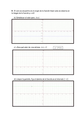 R: El cero se encuentra en el origen de la función lineal como se observa en
la imagen de la función y=-x+0
b) Establecer el valor para  4,0f
c) ¿Para qué valor de x se obtiene   3xf ?
d) Limpiar la pantalla, fije el dominio de la función en el intervalo  2;3 .
y= -1*3+6
 
