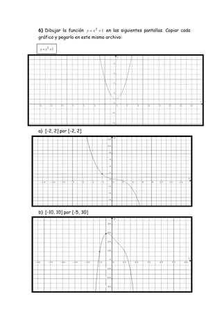 6) Dibujar la función 12
 xy en las siguientes pantallas. Copiar cada
gráfico y pegarlo en este mismo archivo:
a) [-2, 2] por [-2, 2]
b) [-10, 10] por [-5, 30]
12
 xy
 
