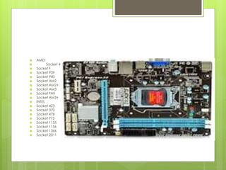  AMD: 
 · Socket 462 
 Socket F 
 Socket 939 
 Socket 940 
 Socket AM2 
 Socket AM2+ 
 Socket AM3 
 Socket FM1 
 Socket AM3+ 
 INTEL 
 Socket 423 
 Socket 370 
 Socket 478 
 Socket 775 
 Socket 1155 
 Socket 1156 
 Socket 1366 
 Socket 2011 
 
