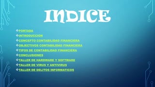 INDICE
PORTADA
INTRODUCCION
CONCEPTO CONTABILIDAD FINANCIERA
OBJECTIVOS CONTABILIDAD FINANCIERA
TIPOS DE CONTABILIDAD FINANCIERA
CONCLUSIONES
TALLER DE HARDWARE Y SOFTWARE
TALLER DE VIRUS Y ANTIVIRUS
TALLER DE DELITOS INFORMATICOS

 