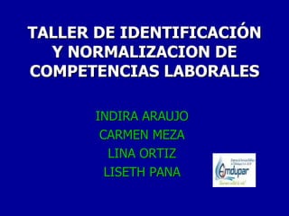 TALLER DE IDENTIFICACIÓN Y NORMALIZACION DE COMPETENCIAS LABORALES INDIRA ARAUJO CARMEN MEZA LINA ORTIZ LISETH PANA 