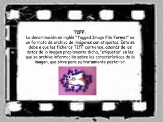 TIFF.
La denominación en inglés "Tagged Image File Format" es
un formato de archivo de imágenes con etiquetas. Esto se
  debe a que los ficheros TIFF contienen, además de los
 datos de la imagen propiamente dicha, "etiquetas" en las
que se archiva información sobre las características de la
     imagen, que sirve para su tratamiento posterior.
 