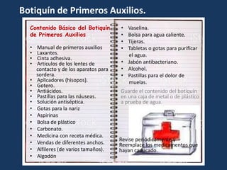 Botiquín de Primeros Auxilios.
Contenido Básico del Botiquín
de Primeros Auxilios
• Manual de primeros auxilios
• Laxantes.
• Cinta adhesiva.
• Artículos de los lentes de
contacto y de los aparatos para
sordera.
• Aplicadores (hisopos).
• Gotero.
• Antiácidos.
• Pastillas para las náuseas.
• Solución antiséptica.
• Gotas para la nariz
• Aspirinas
• Bolsa de plástico
• Carbonato.
• Medicina con receta médica.
• Vendas de diferentes anchos.
• Alfileres (de varios tamaños).
• Algodón
Guarde el contenido del botiquín
en una caja de metal o de plástico
a prueba de agua.
• Vaselina.
• Bolsa para agua caliente.
• Tijeras.
• Tabletas o gotas para purificar
el agua.
• Jabón antibacteriano.
• Alcohol.
• Pastillas para el dolor de
muelas.
Revise periódicamente y
Reemplace los medicamentos que
hayan caducado.
 