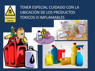 TENER ESPECIAL CUIDADO CON LA
UBICACIÓN DE LOS PRODUCTOS
TOXICOS O IMFLAMABLES
 