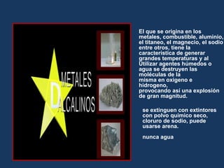 El que se origina en los
metales, combustible, aluminio,
el titaneo, el magnecio, el sodio
entre otros, tiene la
característica de generar
grandes temperaturas y al
Utilizar agentes húmedos o
agua se destruyen las
moléculas de la
misma en oxigeno e
hidrogeno,
provocando así una explosión
de gran magnitud.
se extinguen con extintores
con polvo quimico seco,
cloruro de sodio, puede
usarse arena.
nunca agua
 