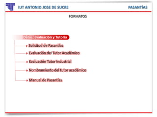 Datos, Evaluación y Tutoría
Solicitud de Pasantías
Evaluación del Tutor Académico
Evaluación Tutor Industrial
Nombramiento del tutor académico
Manual de Pasantías
 
