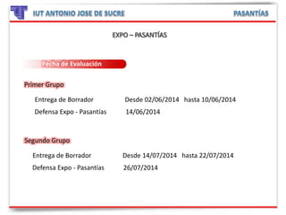Fecha de Evaluación
Entrega de Borrador Desde 02/06/2014 hasta 10/06/2014
Primer Grupo
Defensa Expo - Pasantías 14/06/2014
Entrega de Borrador Desde 14/07/2014 hasta 22/07/2014
Segundo Grupo
Defensa Expo - Pasantías 26/07/2014
 