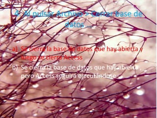 4. Al pulsar Archivo > Cerrar base de
datos …
a) Se cierra la base de datos que hay abierta y
luego se cierra Access
b) Se cierra la base de datos que hay abierta ,
pero Access seguirá ejecutándose
 
