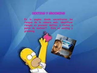 SEXTING Y GROOMING
Es la pagina donde encontraras los
riesgos de la cámara web; identificar
riesgos es prevenir delitos; o ¿estas a
punto de saxtear? . Esto es sexting y
grooming
 