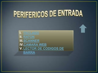 I. TECLADO
II. RATON
III.SCANNER
IV.CAMARA WEB
V. LECTOR DE CODIGOS DE
BARRA
 