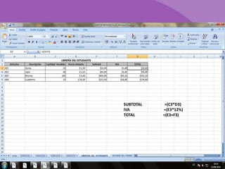 SUBTOTAL =(C3*D3) 
IVA =(E3*12%) 
TOTAL =(E3+F3) 
 