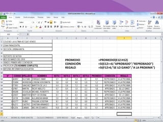 PROMEDIO =PROMEDIO(E12:H12) 
CONDICIÓN =SI(E12>=6;"APROBADO";"REPROBADO") 
REGALO =SI(F12>6;"SE LO GANO";"A LA PROXIMA") 
 