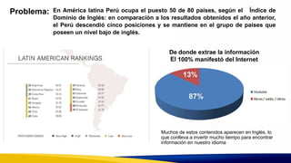 De
El
donde extrae la información
100% manifestó del Internet
Muchos de estos contenidos aparecen en Inglés, lo
que conlleva a invertir mucho tiempo para encontrar
información en nuestro idioma
En América latina Perú ocupa el puesto 50 de 80 países, según el Índice de
Dominio de Inglés: en comparación a los resultados obtenidos el año anterior,
el Perú descendió cinco posiciones y se mantiene en el grupo de países que
poseen un nivel bajo de inglés.
Problema:
 