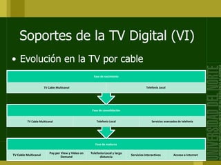 Soportes de la TV Digital (VI)
Fase de madurez
TV Cable Multicanal
Pay per View y Video on
Demand
Telefonía Local y larga
distancia
Servicios interactivos Acceso a Internet
Fase de consolidación
TV Cable Multicanal Telefonía Local Servicios avanzados de telefonía
Fase de nacimiento
TV Cable Multicanal Telefonía Local
• Evolución en la TV por cable
 