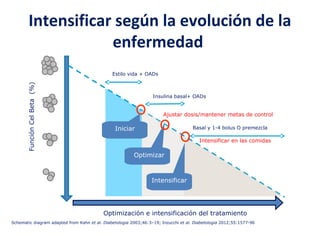 Intensificar según la evolución de la 
enfermedad 
Función Cel Beta (%) 
Estilo vida + OADs 
Insulina basal+ OADs 
Ajustar dosis/mantener metas de control 
Basal y 1-4 bolus O premezcla 
Intensificar en las comidas 
Iniciar 
Optimizar 
Intensificar 
Optimización e intensificación del tratamiento 
Schematic diagram adapted from Kahn et al. Diabetologia 2003;46:3–19; Inzucchi et al. Diabetologia 2012;55:1577-96 
 