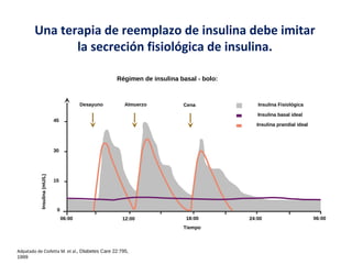 Una terapia de reemplazo de insulina debe imitar 
la secreción fisiológica de insulina. 
45 
30 
Régimen de insulina basal - bolo: 
Insulina (mU/L) 06:00 12:00 24:00 18:00 
15 
0 
Adpatado de Ciofetta M. et al., DIabetes Care 22:795, 
1999 
06:00 
Desayuno Almuerzo Cena Insulina Fisiológica 
Insulina basal ideal 
Insulina prandial ideal 
Tiempo 
 