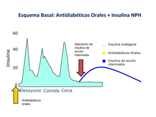 Esquema Basal: Antidiabéticos Orales + Insulina NPH 
Antidiabéticos Orales 
Insulina de acción 
intermedia 
Insulina 
60 
40 
20 
0 
Insulina endógena 
Desayuno Comida Cena 
Aplicación de 
insulina de 
acción 
intermedia 
Antidiabéticos 
orales 
 