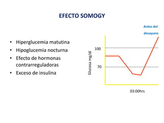 EFECTO SOMOGY 
• Hiperglucemia matutina 
• Hipoglucemia nocturna 
• Efecto de hormonas 
contrarreguladoras 
• Exceso de insulina 
100 
70 
Antes del 
desayuno 
Glucosa mg/dl 
03:00hrs 
 