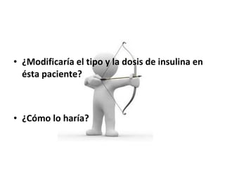 • ¿Modificaría el tipo y la dosis de insulina en 
ésta paciente? 
• ¿Cómo lo haría? 
 